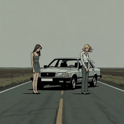 Two women standing by car on road