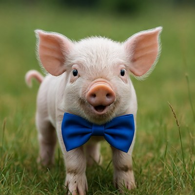 Cute piglet wearing blue bowtie