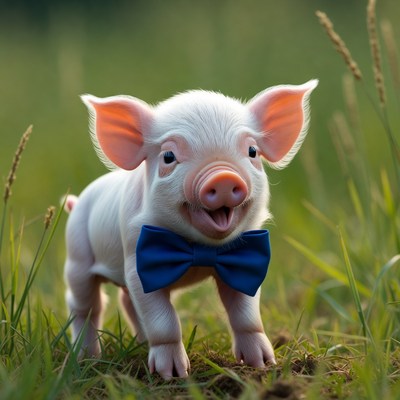 Cute piglet wearing blue bowtie