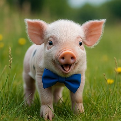 Cute piglet wearing blue bowtie