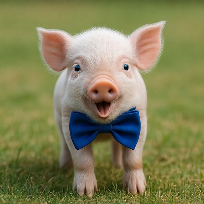 Piglet wearing blue bowtie on grass