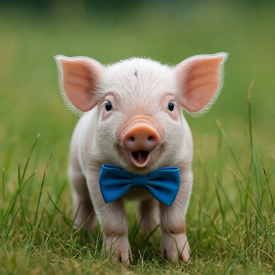 Cute piglet wearing blue bowtie