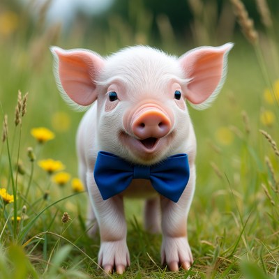 Cute piglet wearing blue bowtie