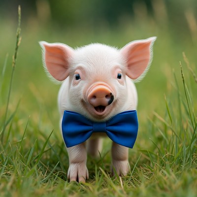 Cute piglet wearing blue bowtie