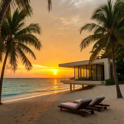 Modern beach house at sunset