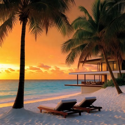 Tropical Beach Lounge Chairs at Sunset