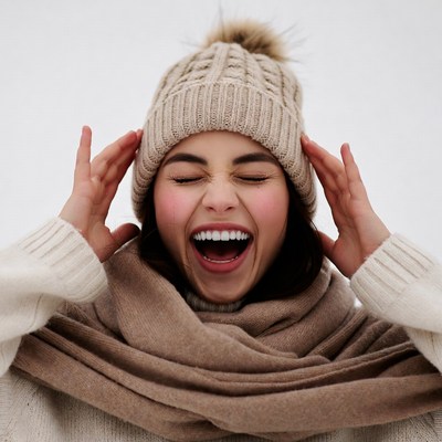 Woman laughing in winter hat and scarf