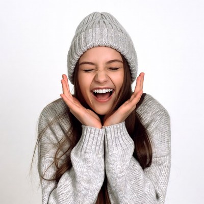 Young woman laughing with hands on face