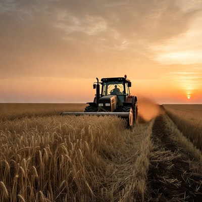 Farmer driving combine harvester at sunset