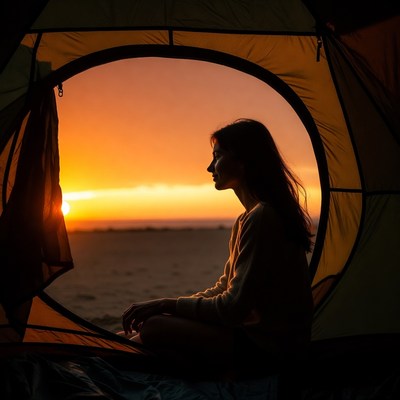 Woman in tent watching sunset