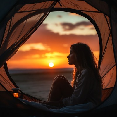 Woman watching sunset from tent