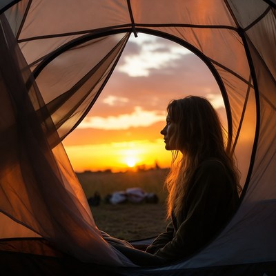 Woman gazing at sunset from tent
