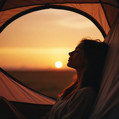 Woman relaxing in tent at sunset