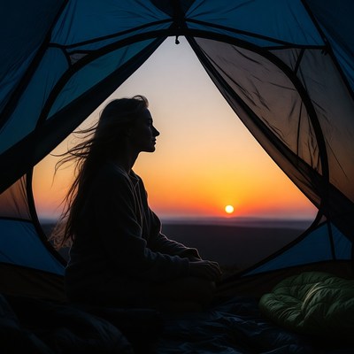 Woman silhouetted in tent at sunset