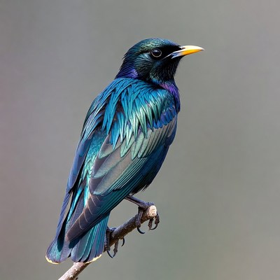 Shiny blue starling perched on branch
