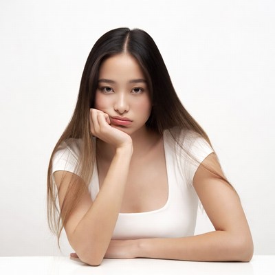 Asian woman pouting with hand on chin