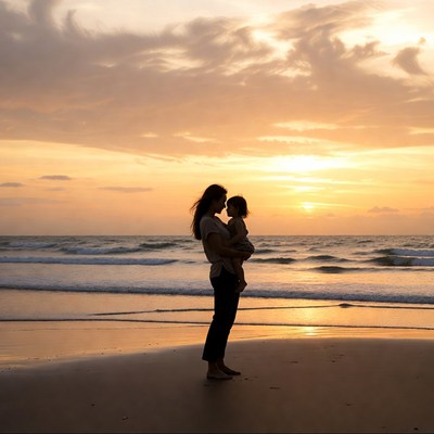 Mother holding child at sunset beach