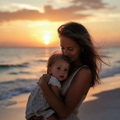 Mother holding baby at sunset beach
