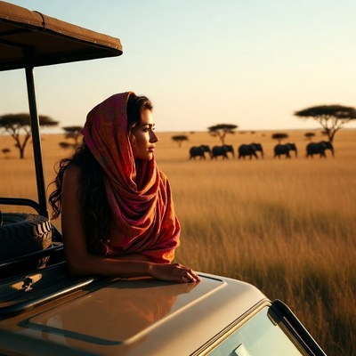 Woman in scarf on safari viewing elephants