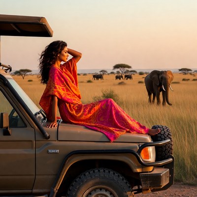 Woman in orange dress on safari jeep with elephants