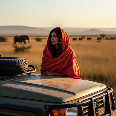 Woman in orange shawl with elephants on safari