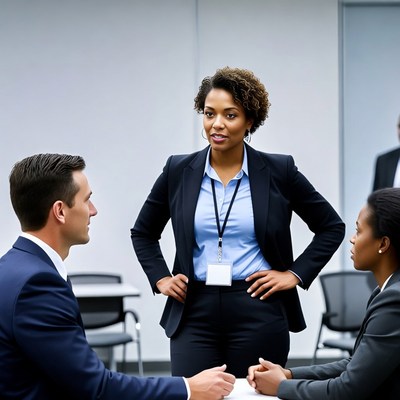 African-American woman leading business meeting