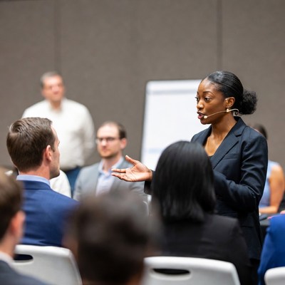 African-American woman speaking at business meeting