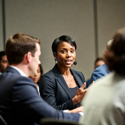 African-American woman speaking in business meeting