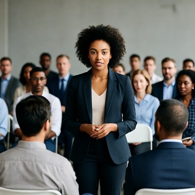 African-American woman speaking to audience