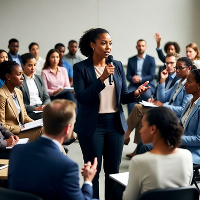 African-American woman speaking at business meeting