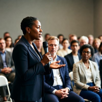 African-American woman speaking at podium