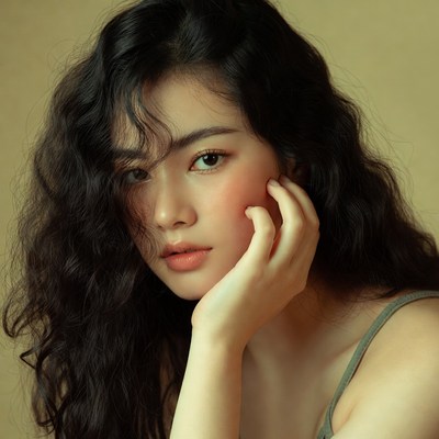 Asian woman touching cheek with hand