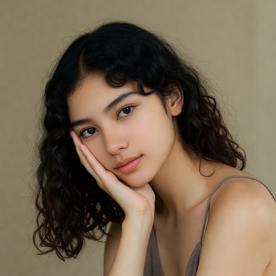 Young Asian woman resting chin on hand
