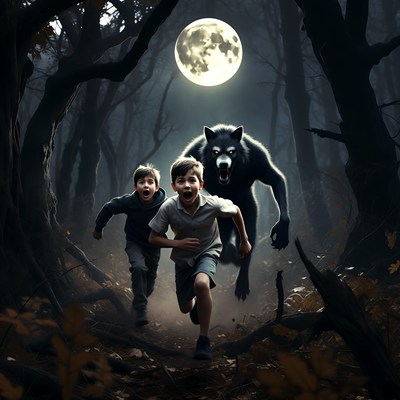 Boys Running from Werewolf in Moonlit Forest