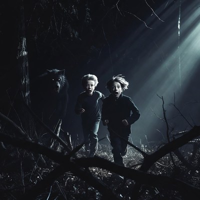 Boys running from wolf in dark forest