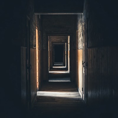 Abandoned Dark Hallway with Doors