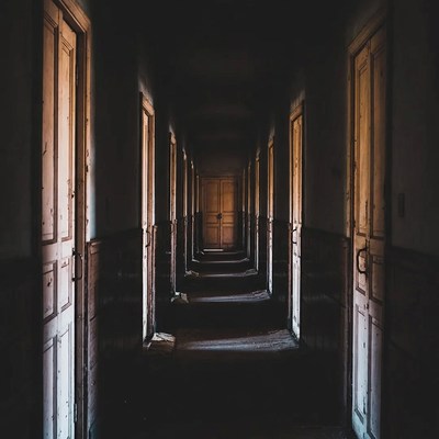 Dark abandoned hallway with wooden doors