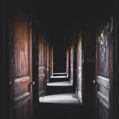 Dark hallway with endless wooden doors