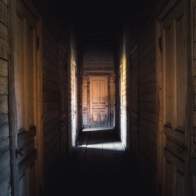 Dark Wooden Hallway with Open Door