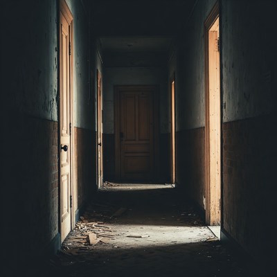 Abandoned Dark Hallway with Open Doors