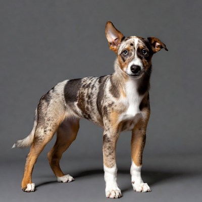 Merle puppy standing on gray background
