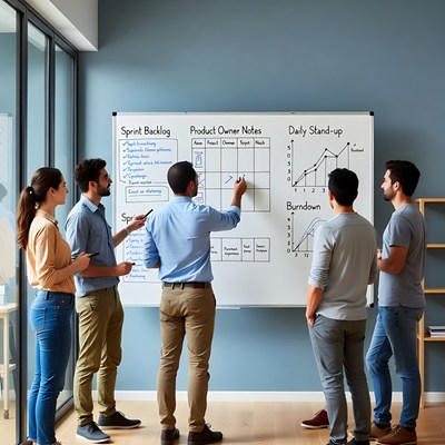 Diverse team discussing agile sprint board