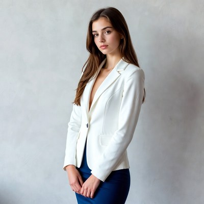 Woman in white blazer and blue skirt