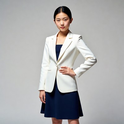 Asian woman in white blazer and navy skirt