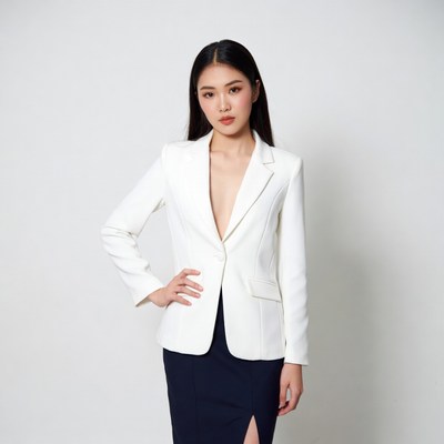 Asian woman in white blazer black skirt
