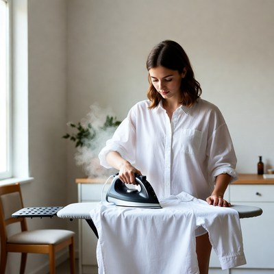 Woman ironing clothes at home