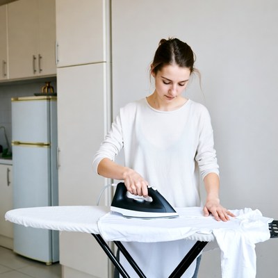 Woman ironing clothes in kitchen