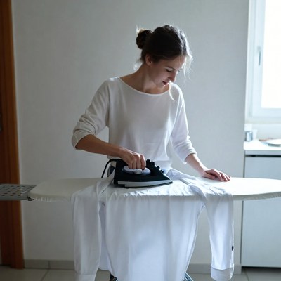 Woman ironing clothes on ironing board
