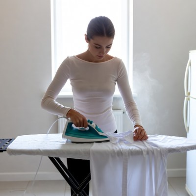 Woman ironing clothes on ironing board