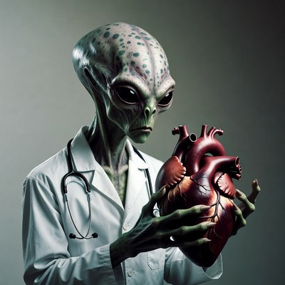 Alien doctor holding heart